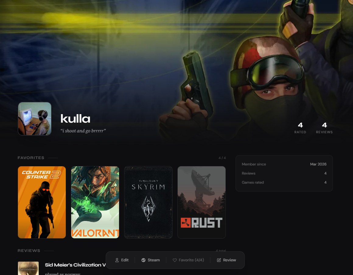 Version 1, March 2026: a banner, an avatar, the player name and tagline, two counters for rated and reviews, a row of four favourite games, a member-since card, and the start of a reviews list.