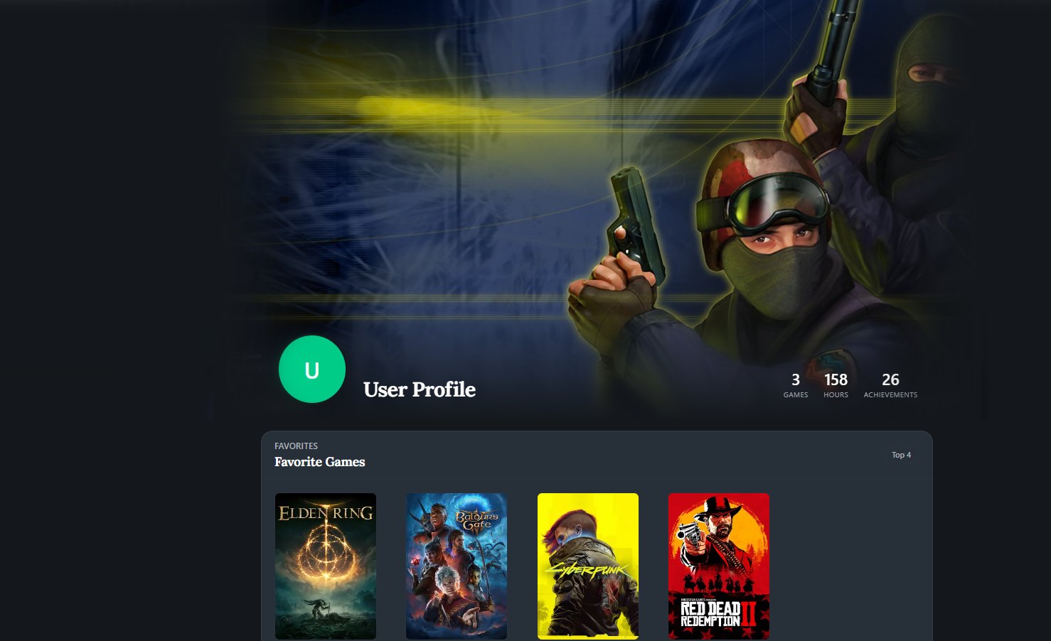 The January 2026 build: a banner, a generic User Profile heading, three counters reading 3 games, 158 hours and 26 achievements, and four favourite game covers.