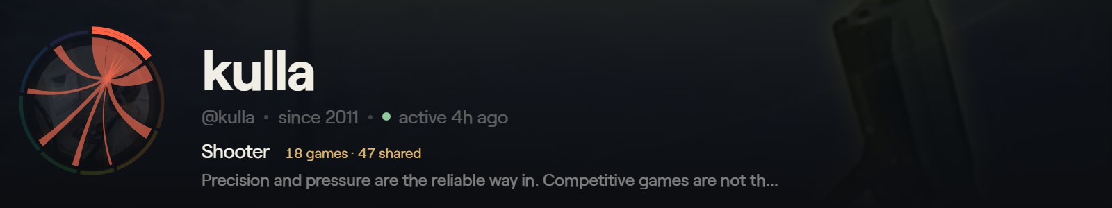 The same hero with one category held: the photograph steps back, the shooter threads brighten, and the line beside the avatar reads Shooter, 18 games, 47 shared.
